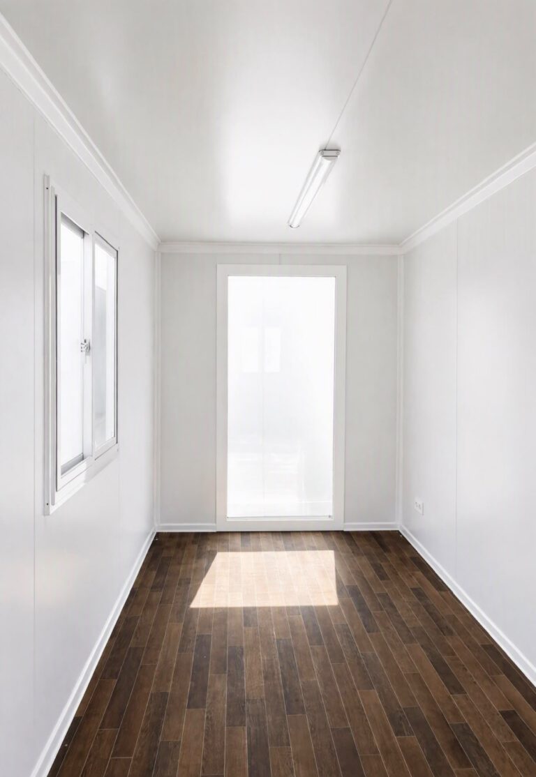 Interior de un módulo prefabricado con suelo de parquet
