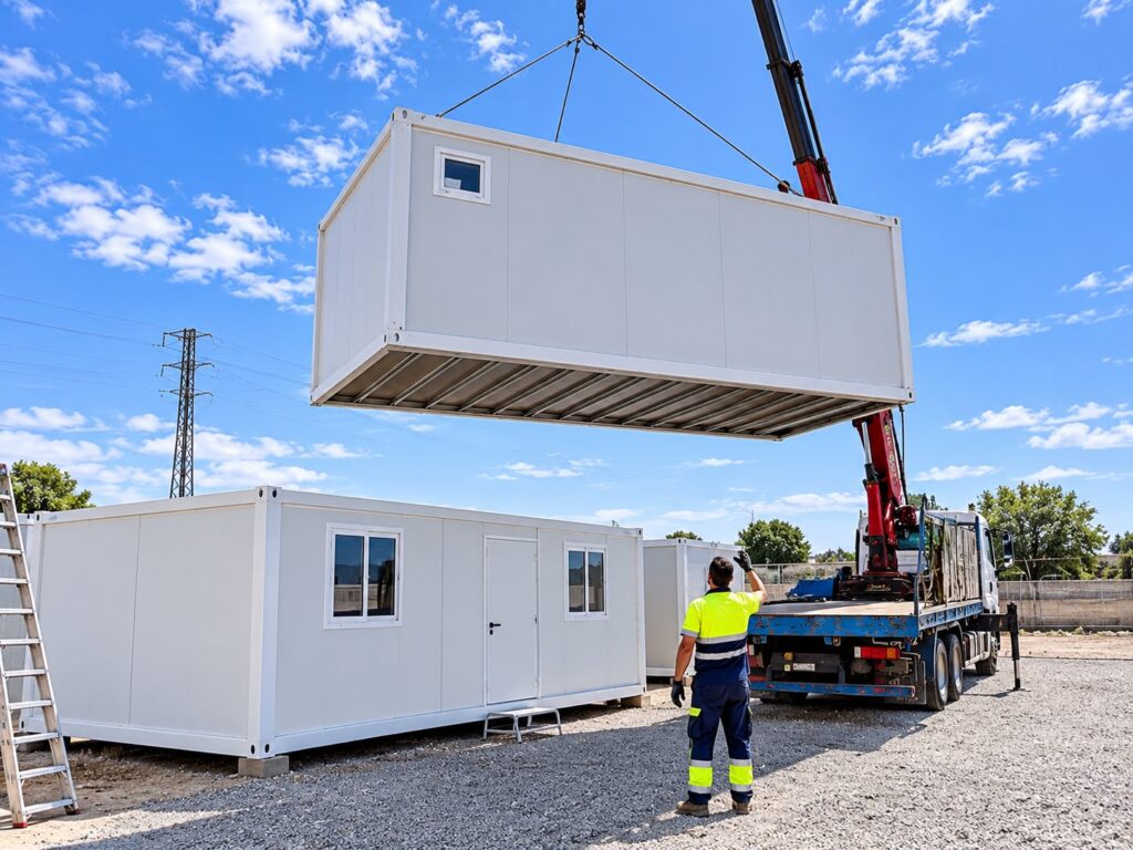 Colocación de una caseta de obra con camión grúa